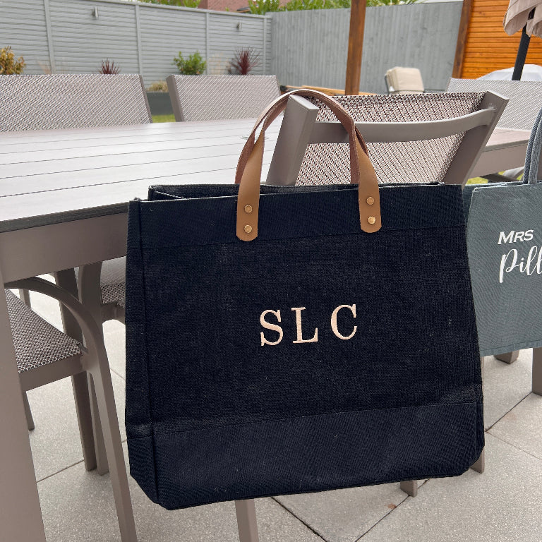 Embroidered Black Jute Tote/Shopping Bag with Leather Handles