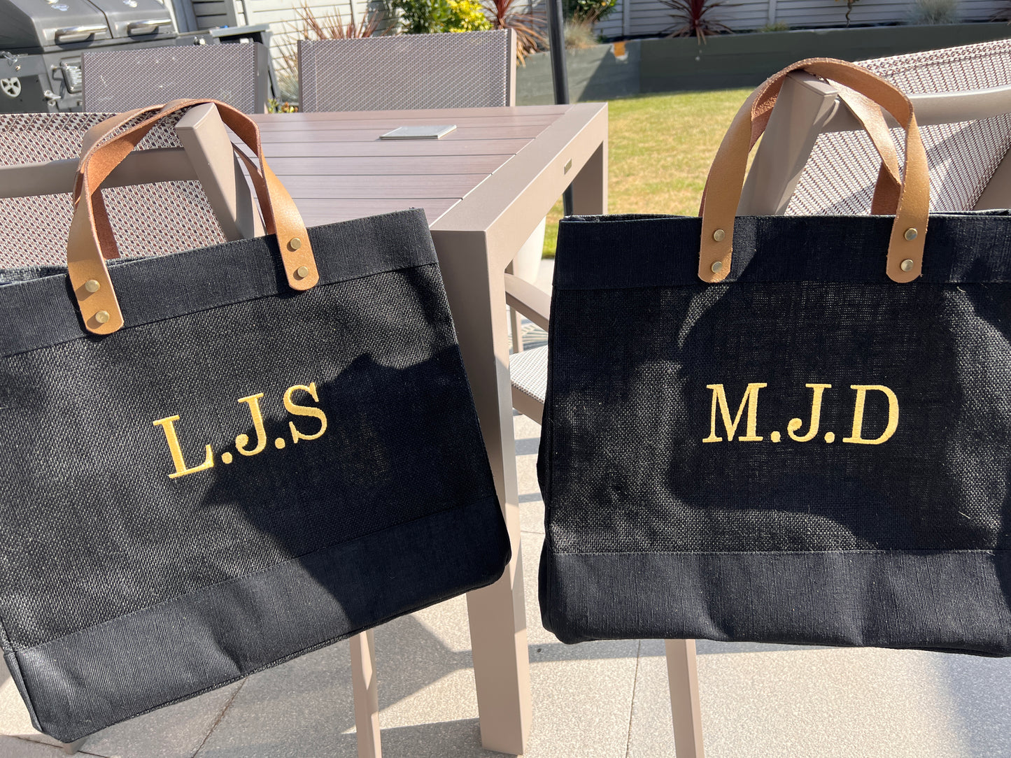 Embroidered Black Jute Tote/Shopping Bag with Leather Handles