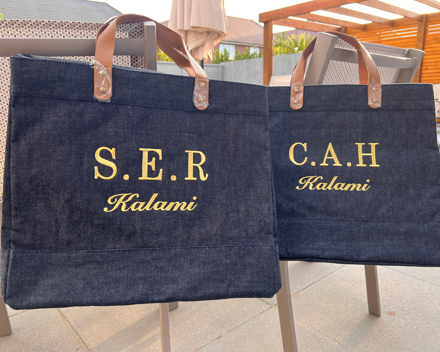 Embroidered Denim Leather Handle Tote Bag, Luxury Shopping Bag
