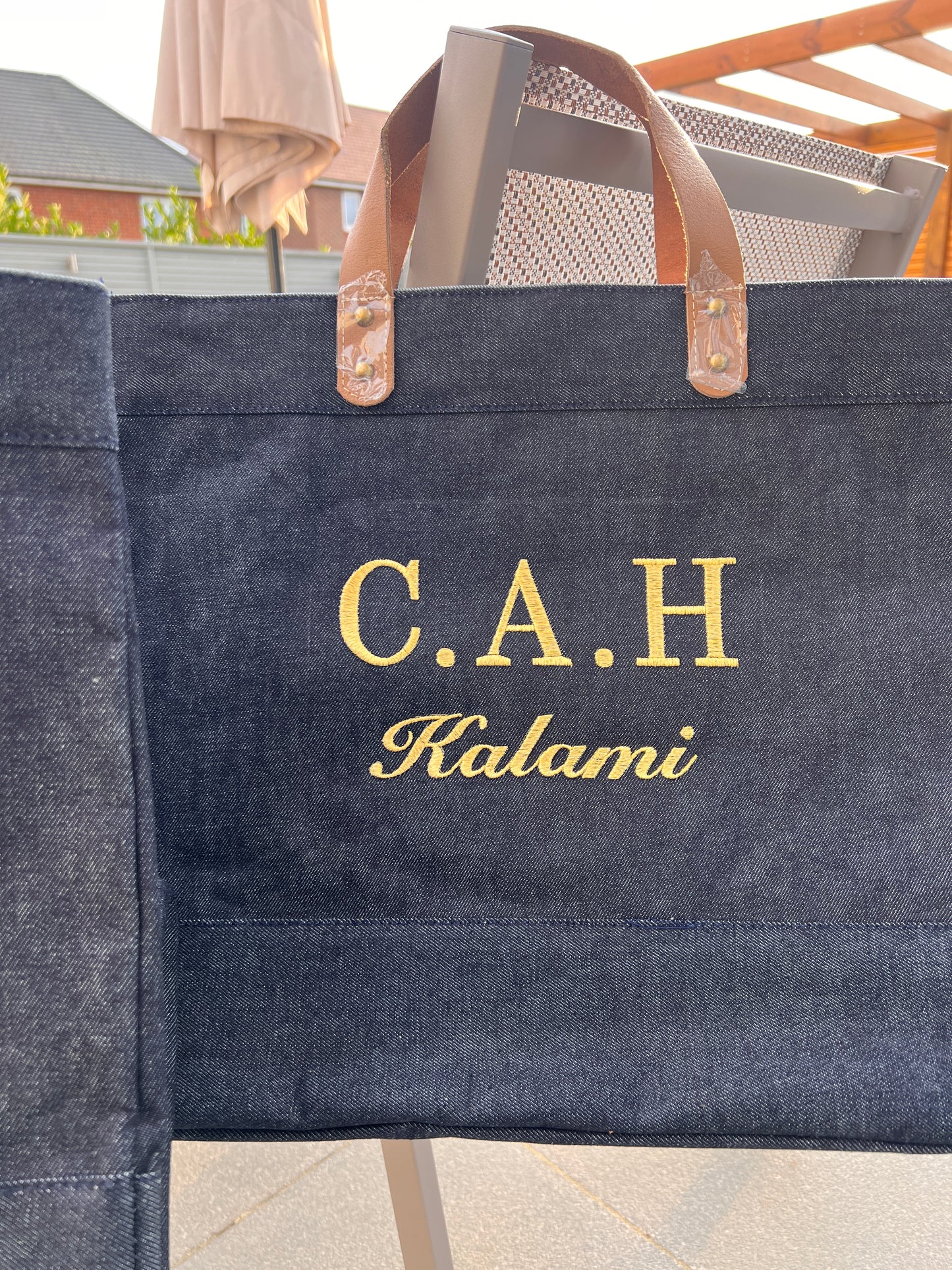 Embroidered Denim Leather Handle Tote Bag, Luxury Shopping Bag