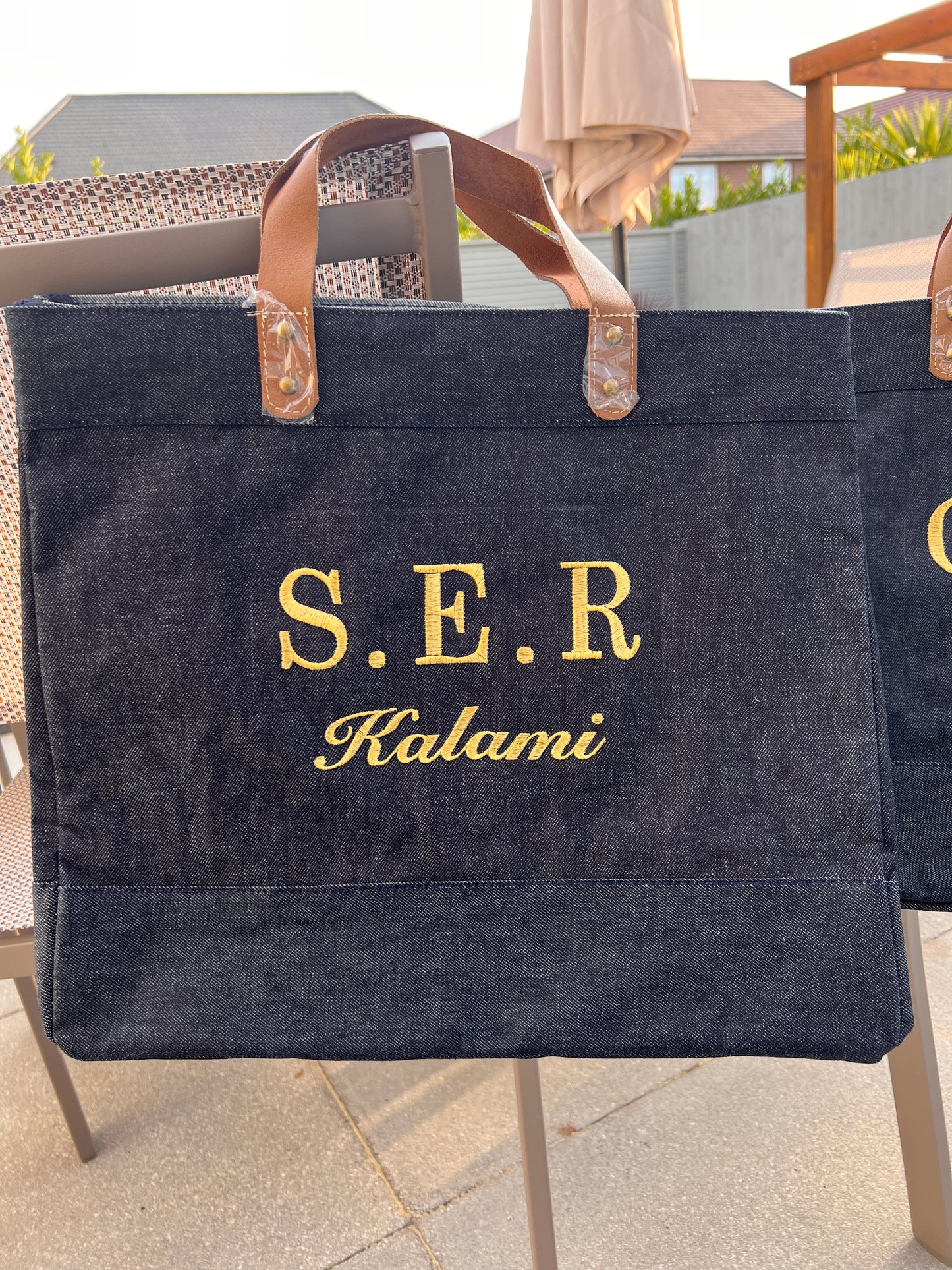Embroidered Denim Leather Handle Tote Bag, Luxury Shopping Bag