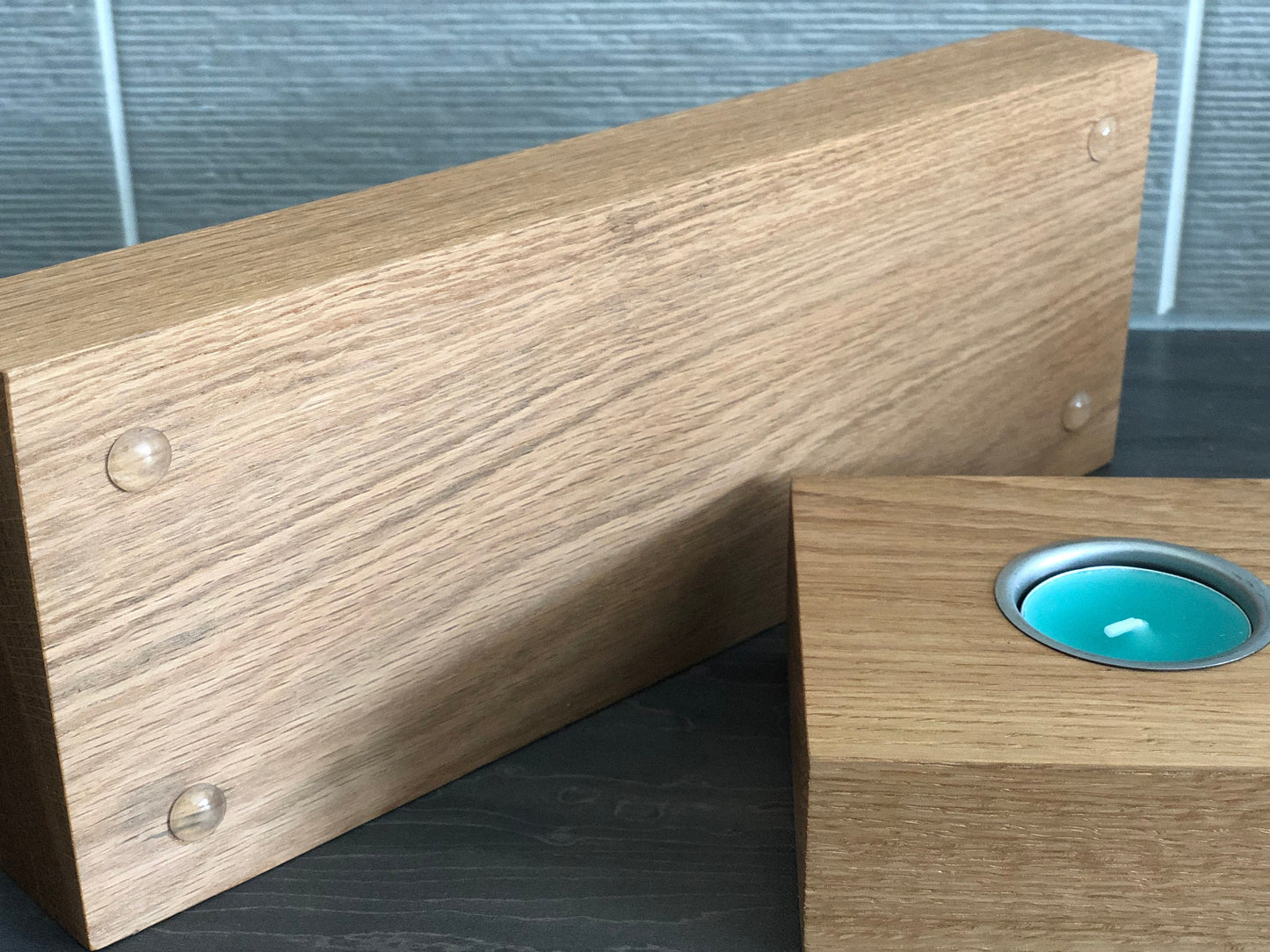 2 Candle Tea light Holder, Solid American Oak With Chrome Insert, Handmade