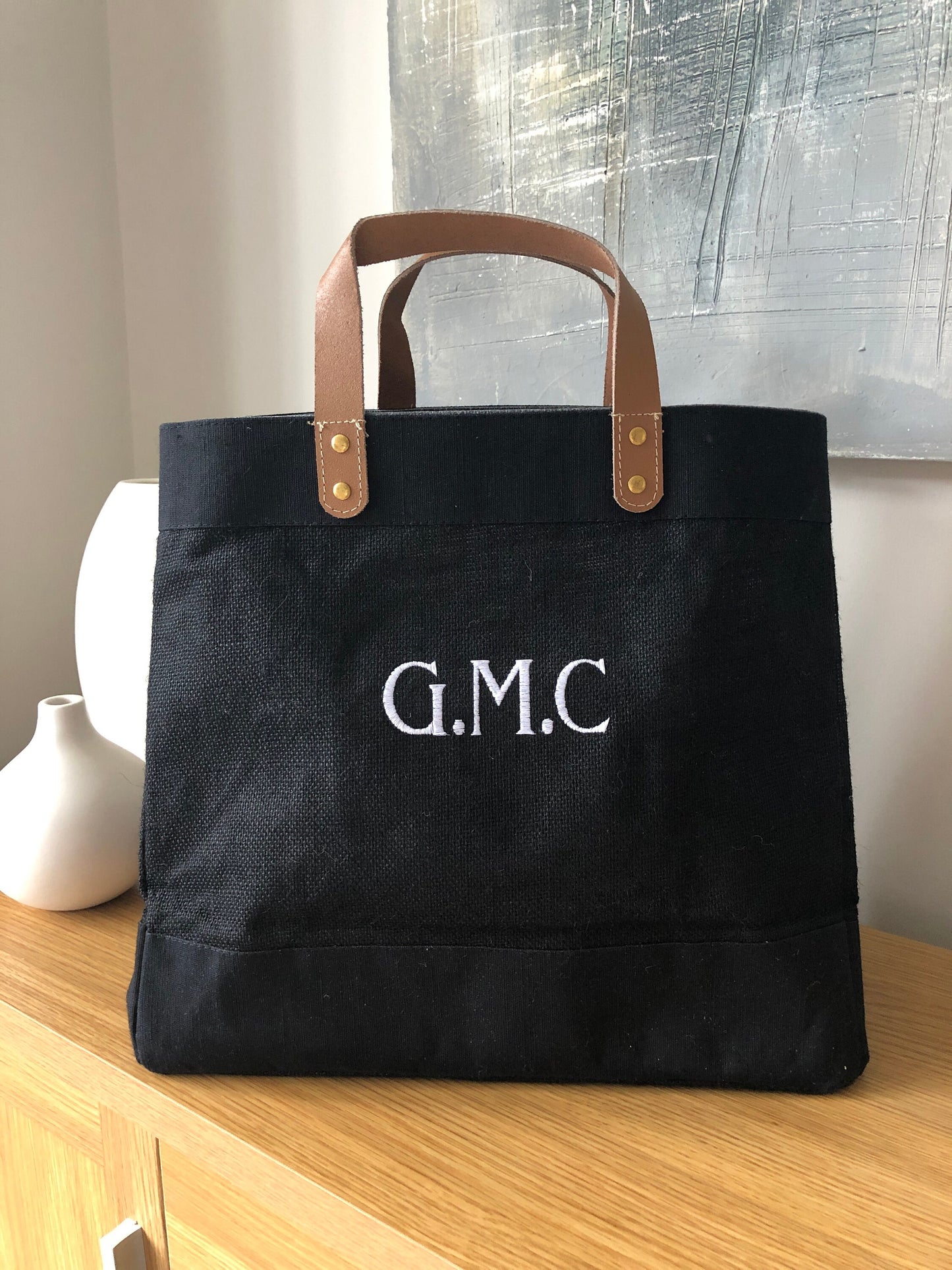 Monogrammed/Personalised Embroidered Luxury Leather Handle Hessian Natural or Black Jute Eco Tote Bag