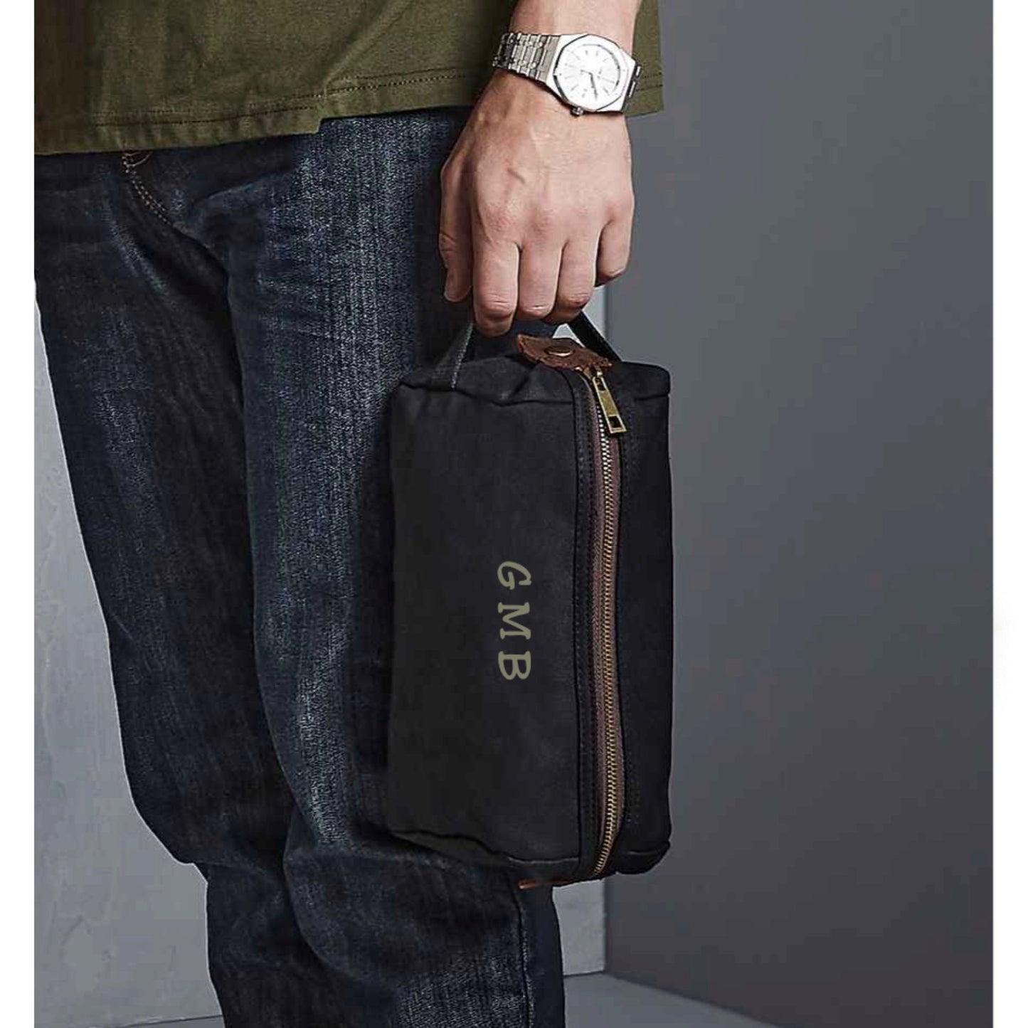 Personalised Wash Bag Waxed Canvas Toiletry Bag with Embroidered Initials or Name Free P&P