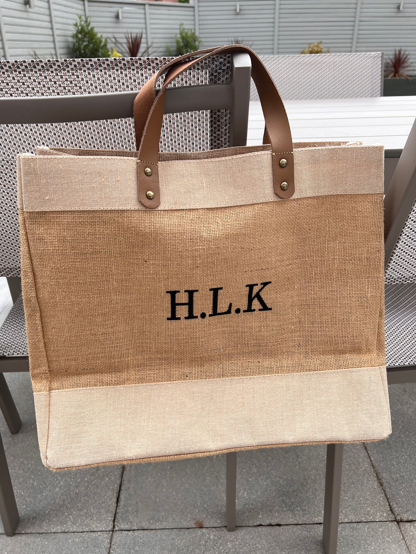 Monogrammed/Personalised Embroidered Luxury Leather Handle Hessian Natural or Black Jute Eco Tote Bag