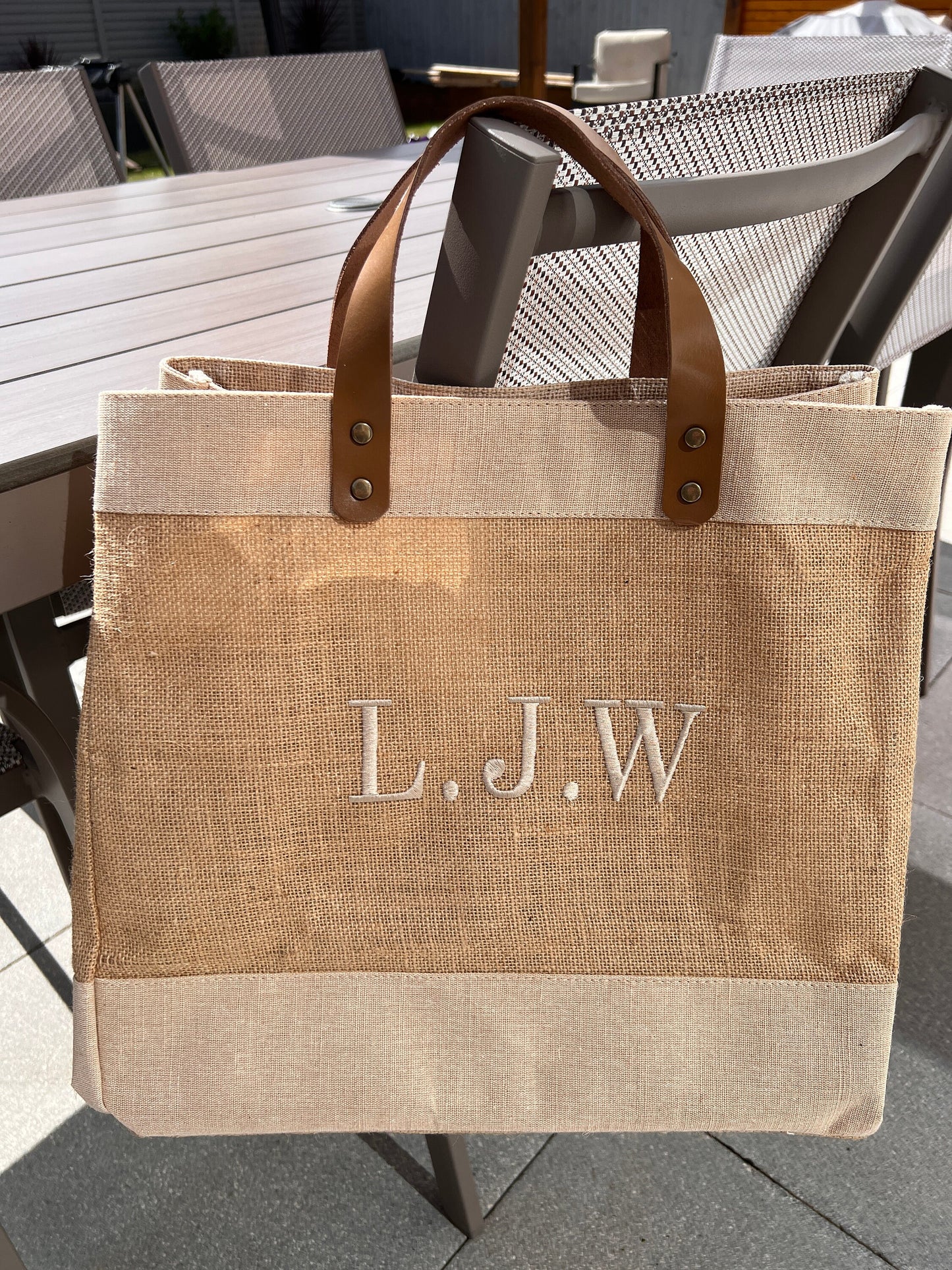 Embroidered Natural Jute Tote/Shopping Bag with Leather Handles