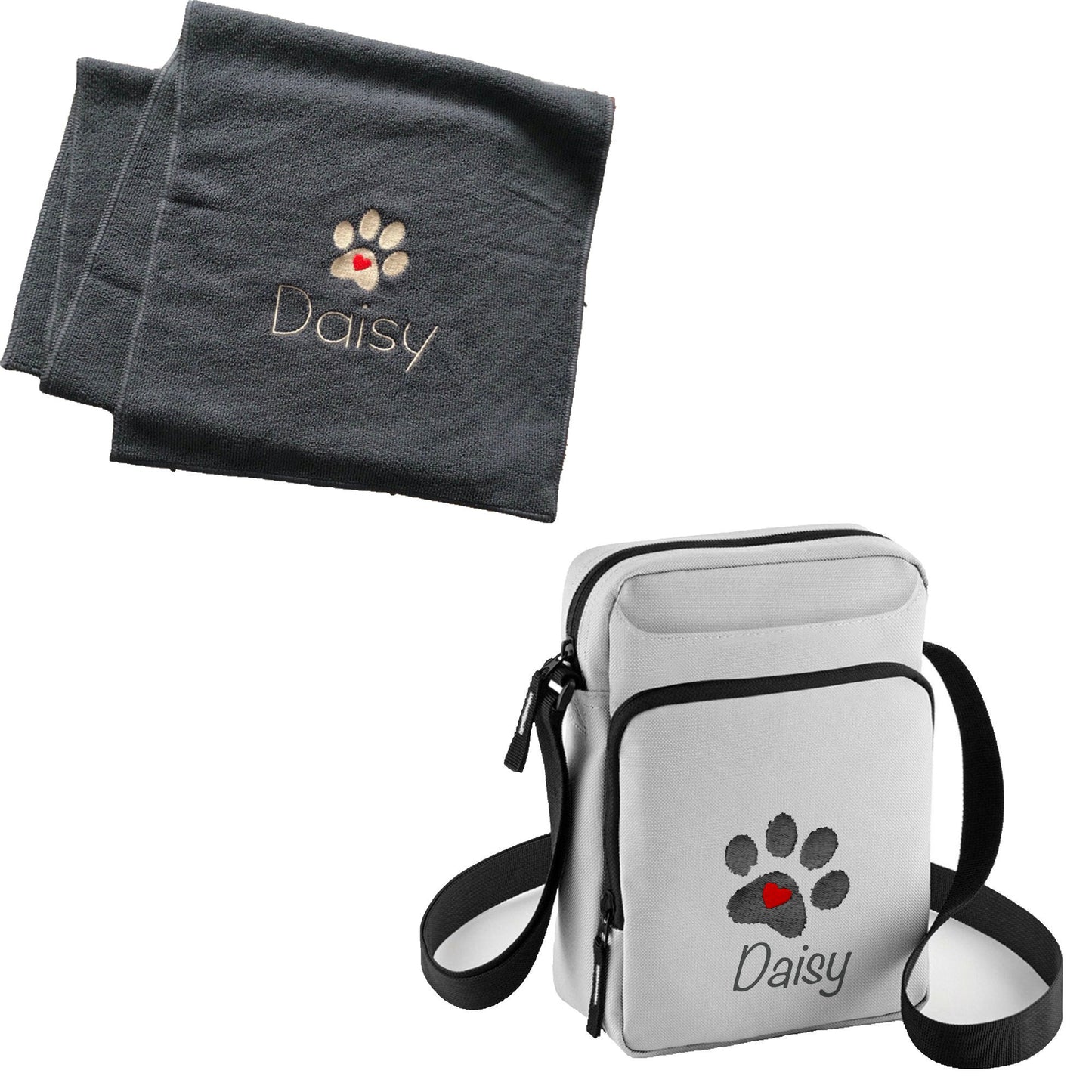 Personalised Dog Accessories Bag and Personalised Dog Towel For Walking and Travel. Black Navy or Grey Free P&P