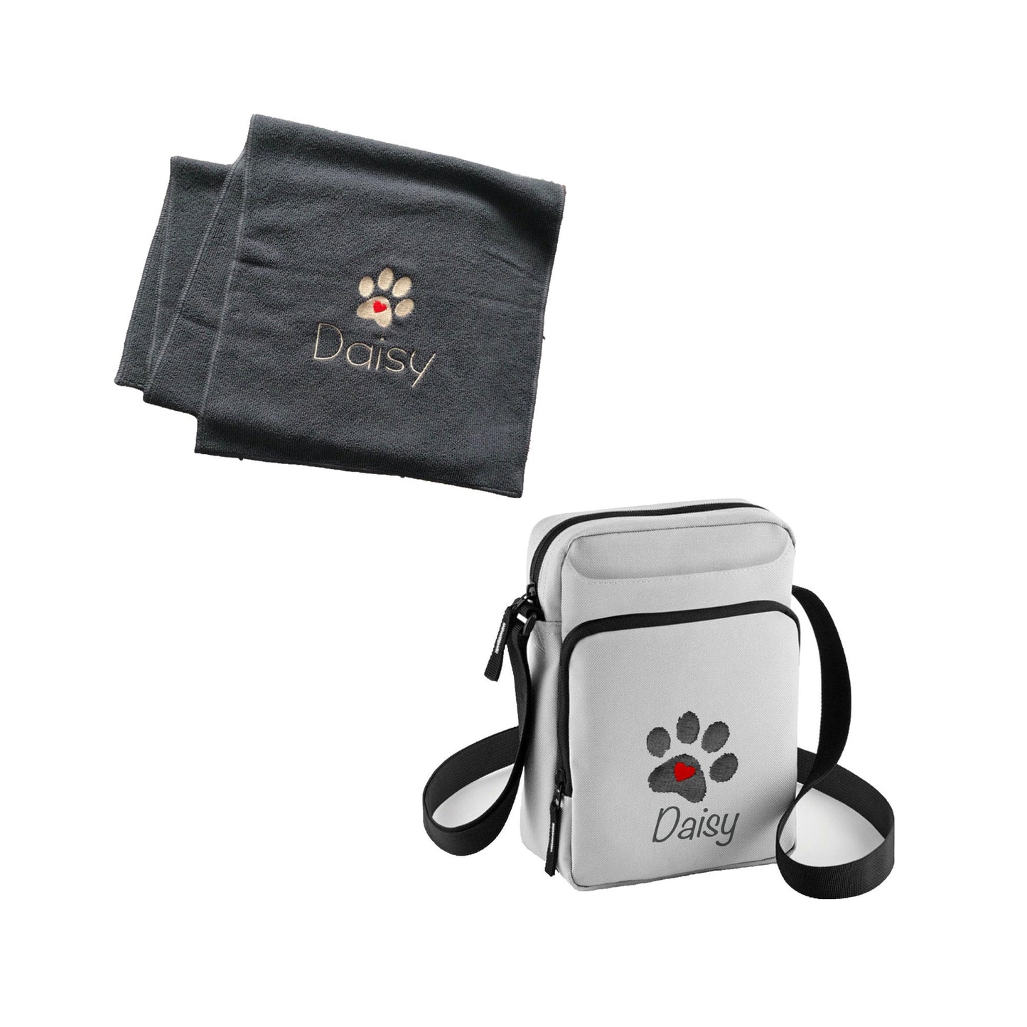Personalised Dog Accessories Bag and Personalised Dog Towel For Walking and Travel. Black Navy or Grey Free P&P