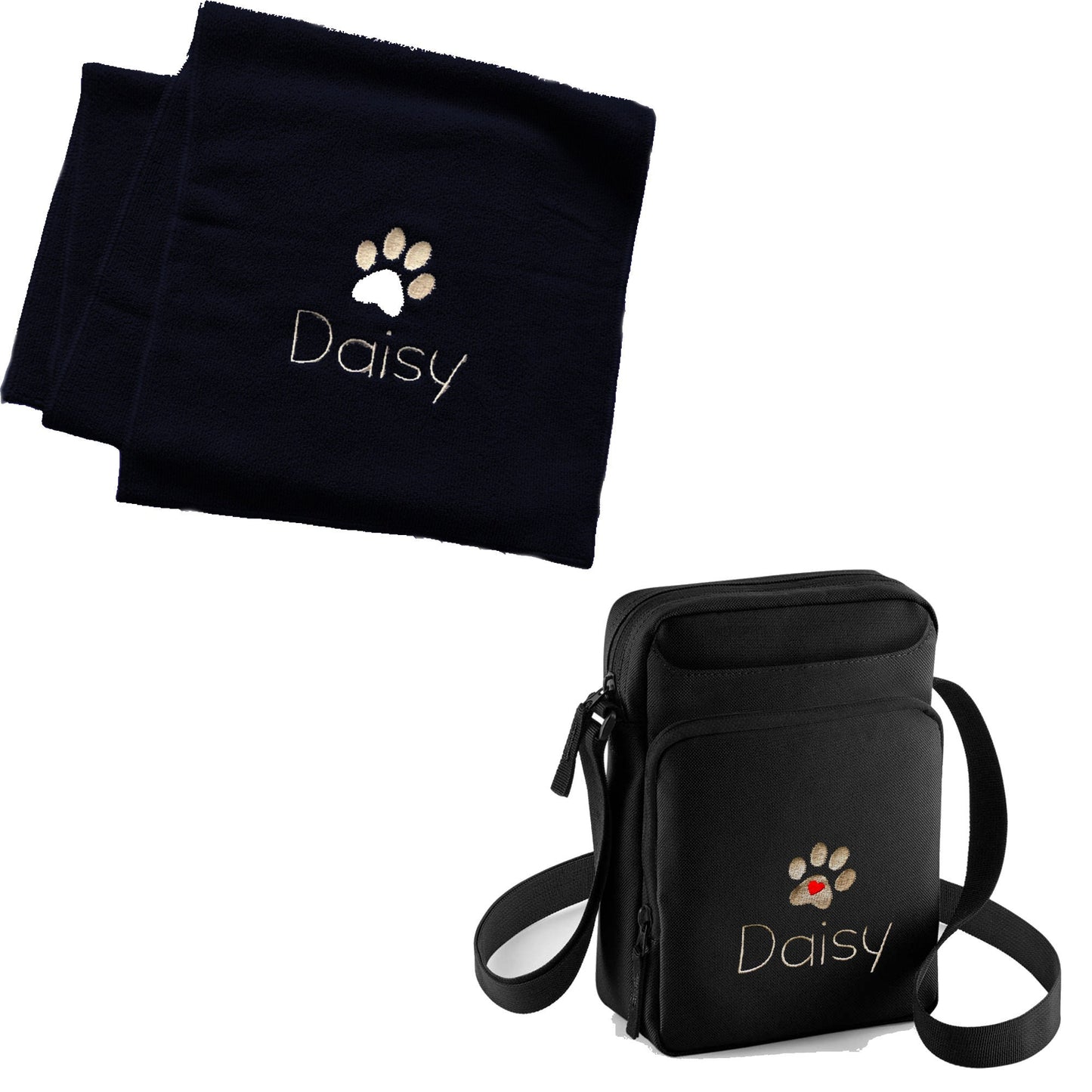 Personalised Dog Accessories Bag and Personalised Dog Towel For Walking and Travel. Black Navy or Grey Free P&P