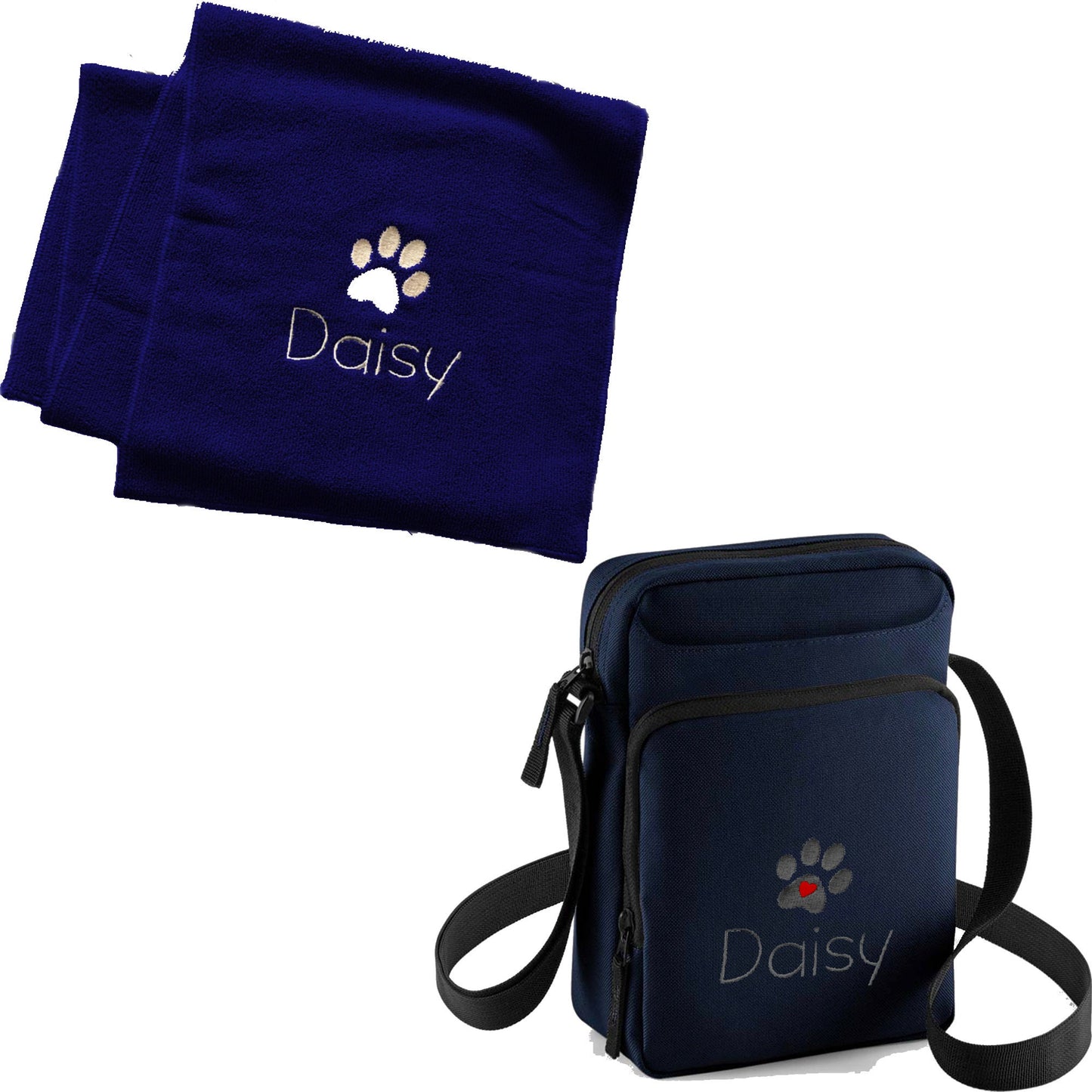 Personalised Dog Accessories Bag and Personalised Dog Towel For Walking and Travel. Black Navy or Grey Free P&P
