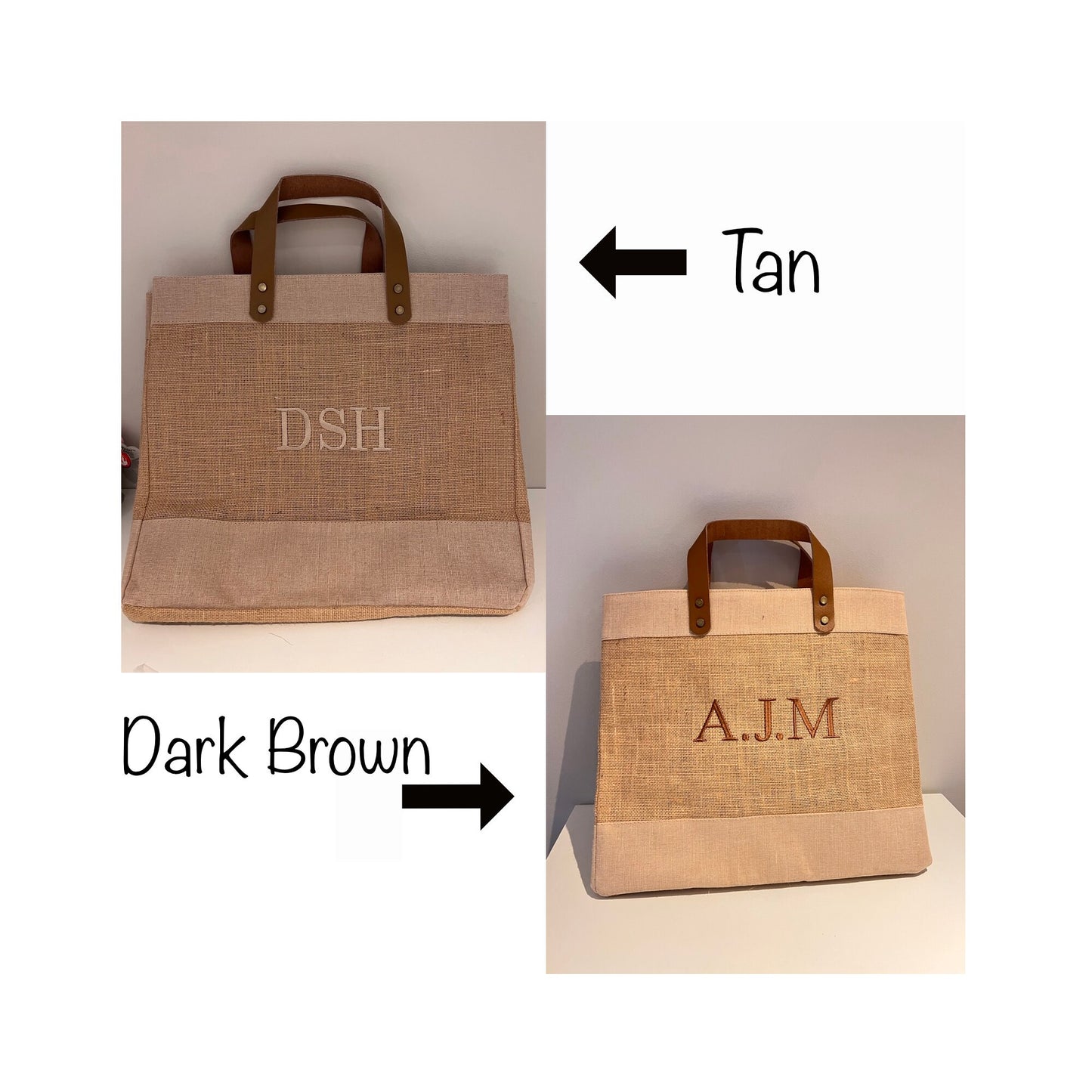 Monogrammed/Personalised Embroidered Luxury Leather Handle Hessian Natural or Black Jute Eco Tote Bag