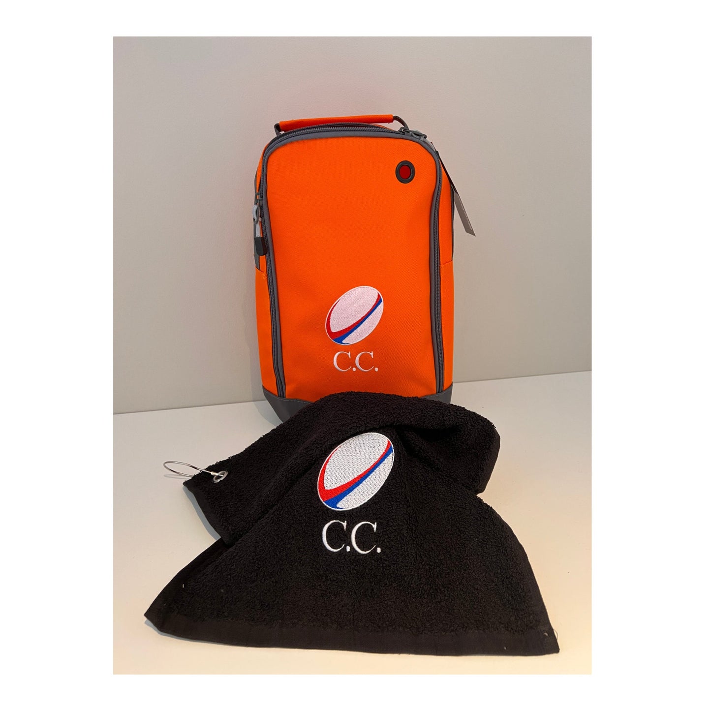 Personalised Embroidered Rugby Boot Bag and Towel all colours mix and match, ideal gift with Rugby logo and your initials free P&P