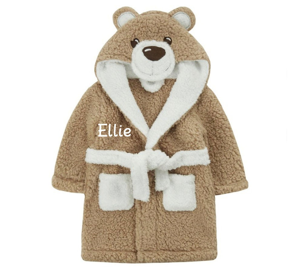 Personalised Embroidered Baby Dressing Gown Robe Brown Teddy Bear Animal Present Birthday Toddler Christmas. Free Delivery