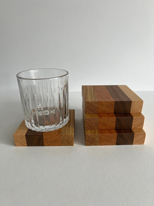 Set of 4 Solid Square Mixed Hard Wood 'Chunky' Handmade Coasters, ideal gift for new home/wedding/anniversary