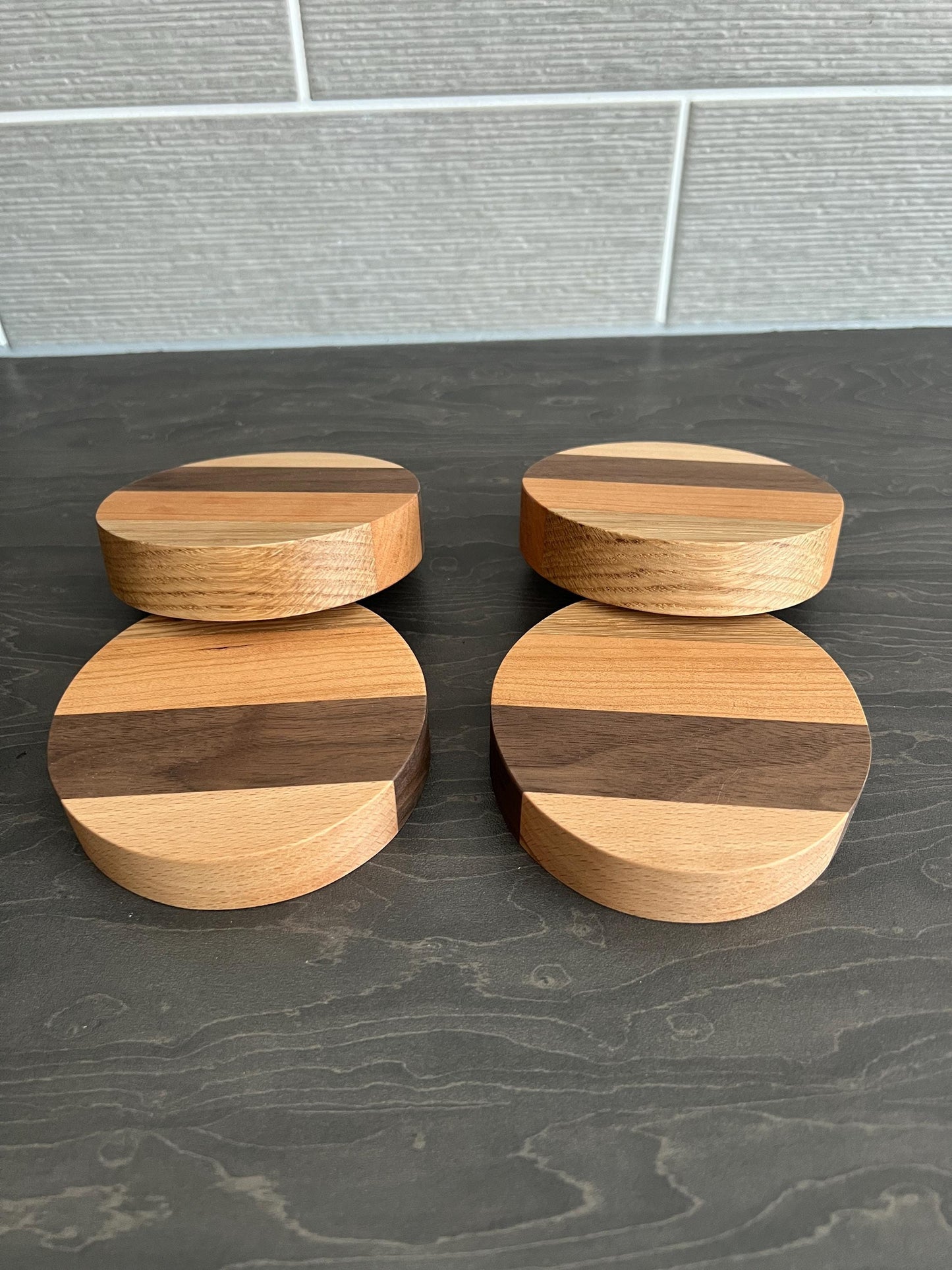 Set of 4 Solid Round Mixed Hard Wood 'Chunky' Handmade Coasters, ideal gift for new home/wedding/anniversary