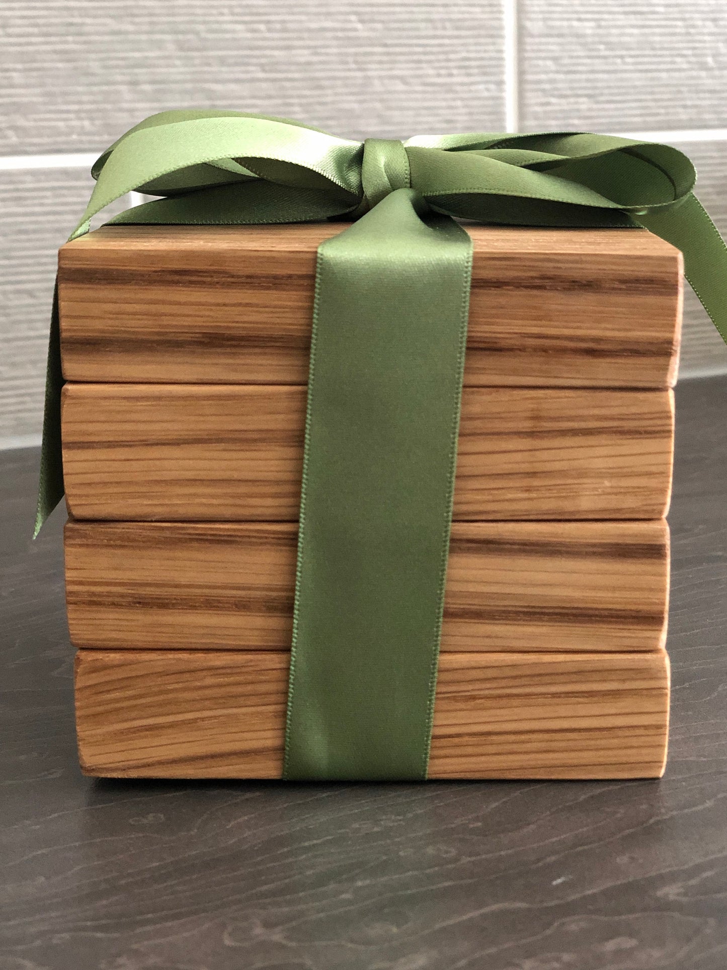 Set of 4 Solid Oak Extra 'Chunky' Square Handmade Coasters with ribbon tie, ideal new home gift