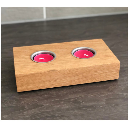 2 Candle Tea light Holder, Solid American Oak With Chrome Insert, Handmade
