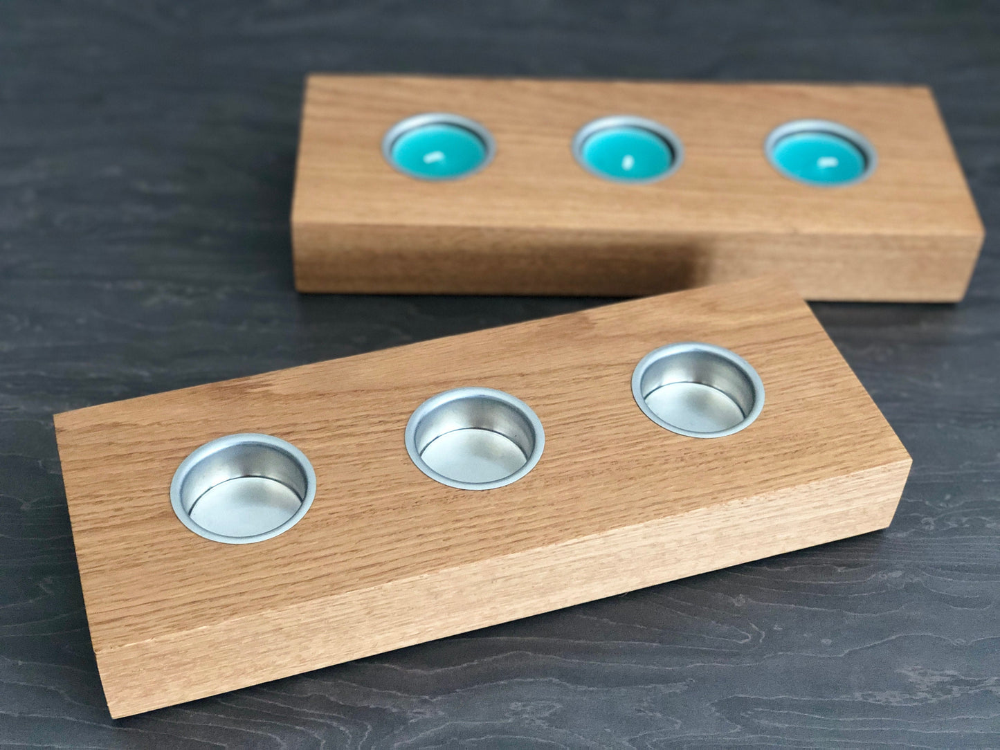 1, 2 or 3  Candle Tea light Holder, Solid American Oak With Chrome Insert, Handmade