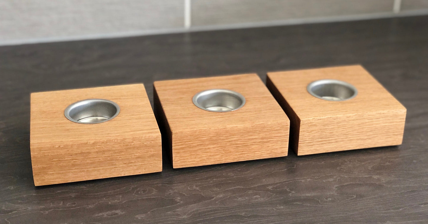 1, 2 or 3  Candle Tea light Holder, Solid American Oak With Chrome Insert, Handmade