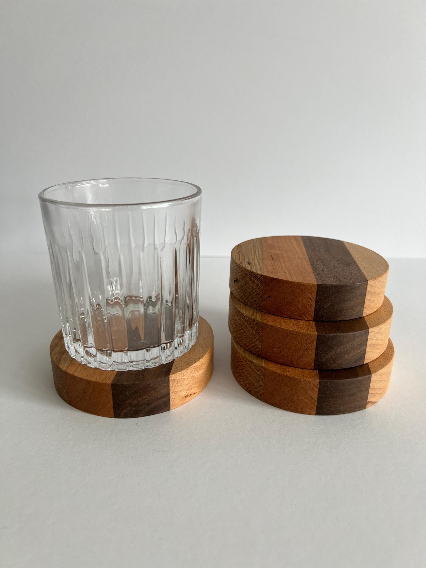 Set of 4 Solid Round Mixed Hard Wood 'Chunky' Handmade Coasters, ideal gift for new home/wedding/anniversary