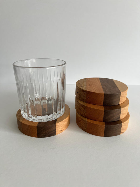 Set of 4 Solid Round Mixed Hard Wood 'Chunky' Handmade Coasters, ideal gift for new home/wedding/anniversary