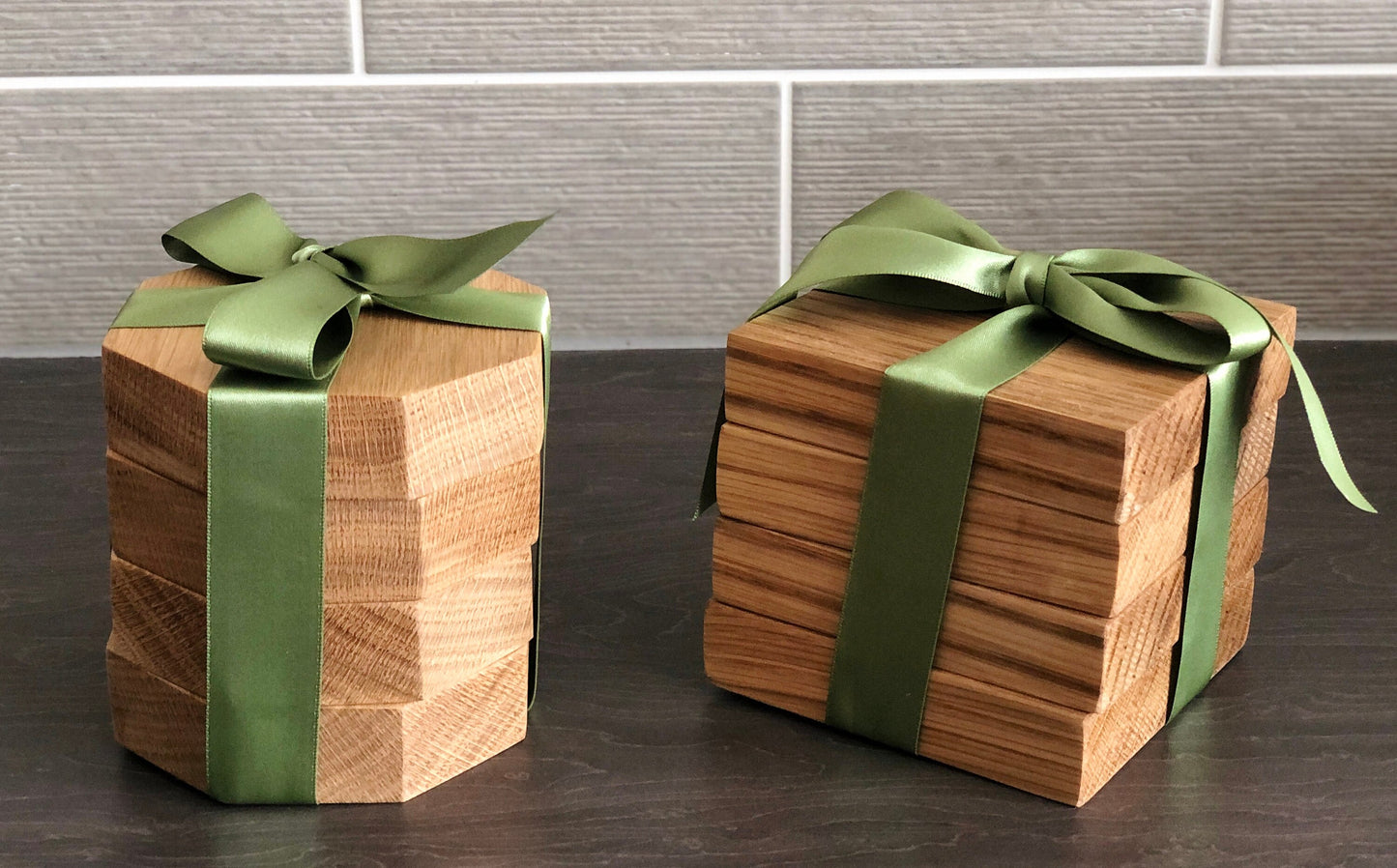 Set of 4 Solid Oak Extra 'Chunky' Square Handmade Coasters with ribbon tie, ideal new home gift