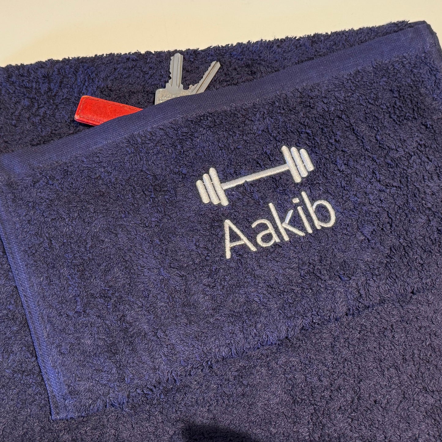 Gym Towel with Pocket with a Weights Logo and name, Personalisation Embroidered