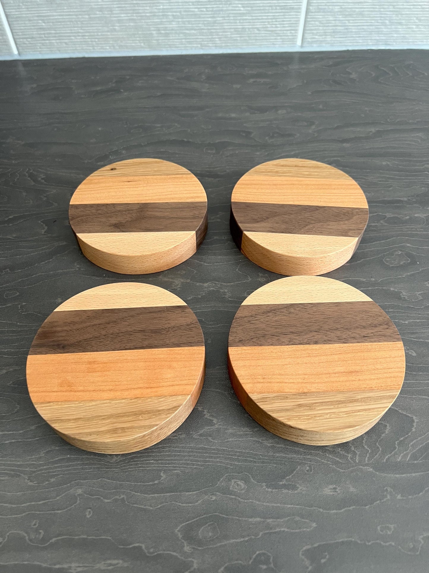 Set of 4 Solid Round Mixed Hard Wood 'Chunky' Handmade Coasters, ideal gift for new home/wedding/anniversary