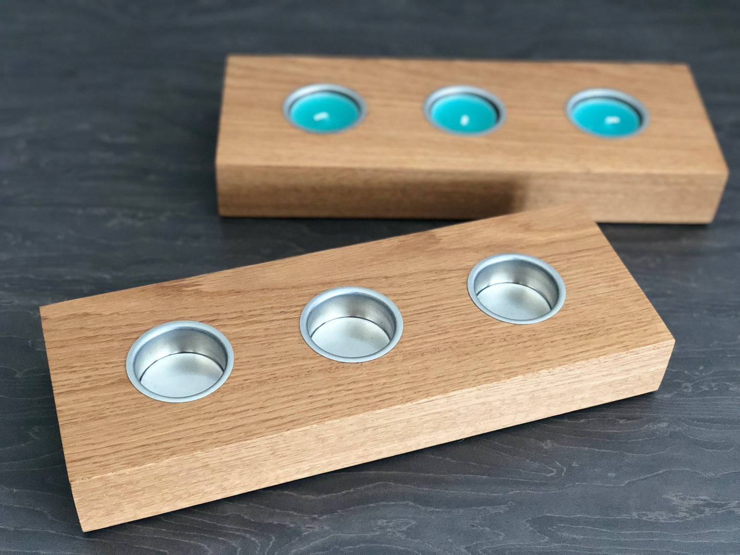3 Candle Tea light Holder, Solid American Oak With Chrome Insert, Handmade