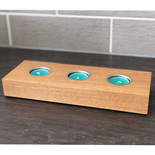 3 Candle Tea light Holder, Solid American Oak With Chrome Insert, Handmade