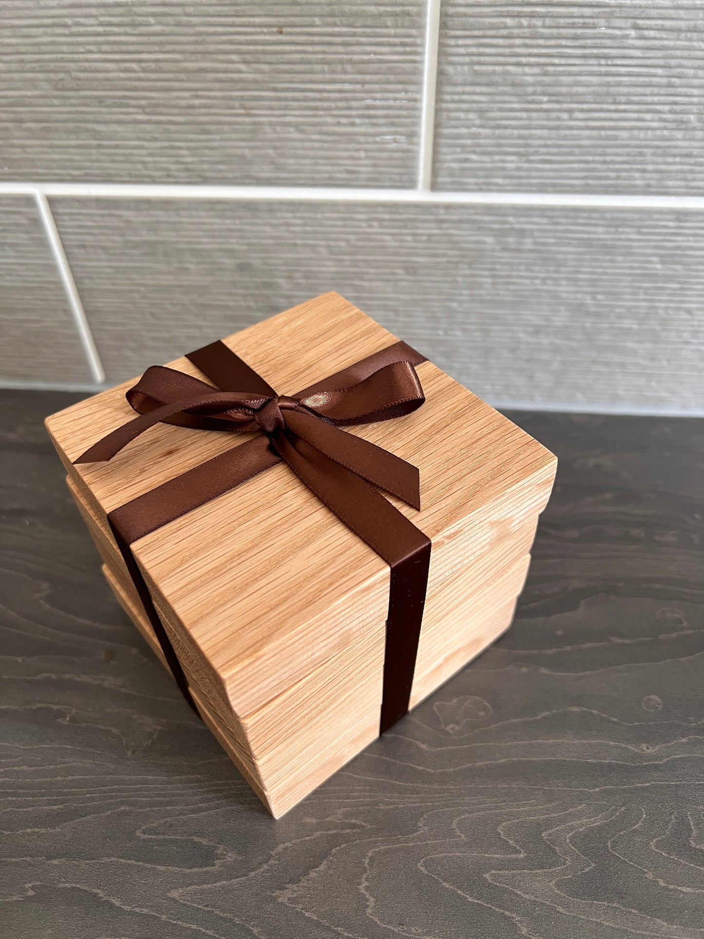 Set of 4 Solid Oak Extra 'Chunky' Square Handmade Coasters with ribbon tie, ideal new home gift