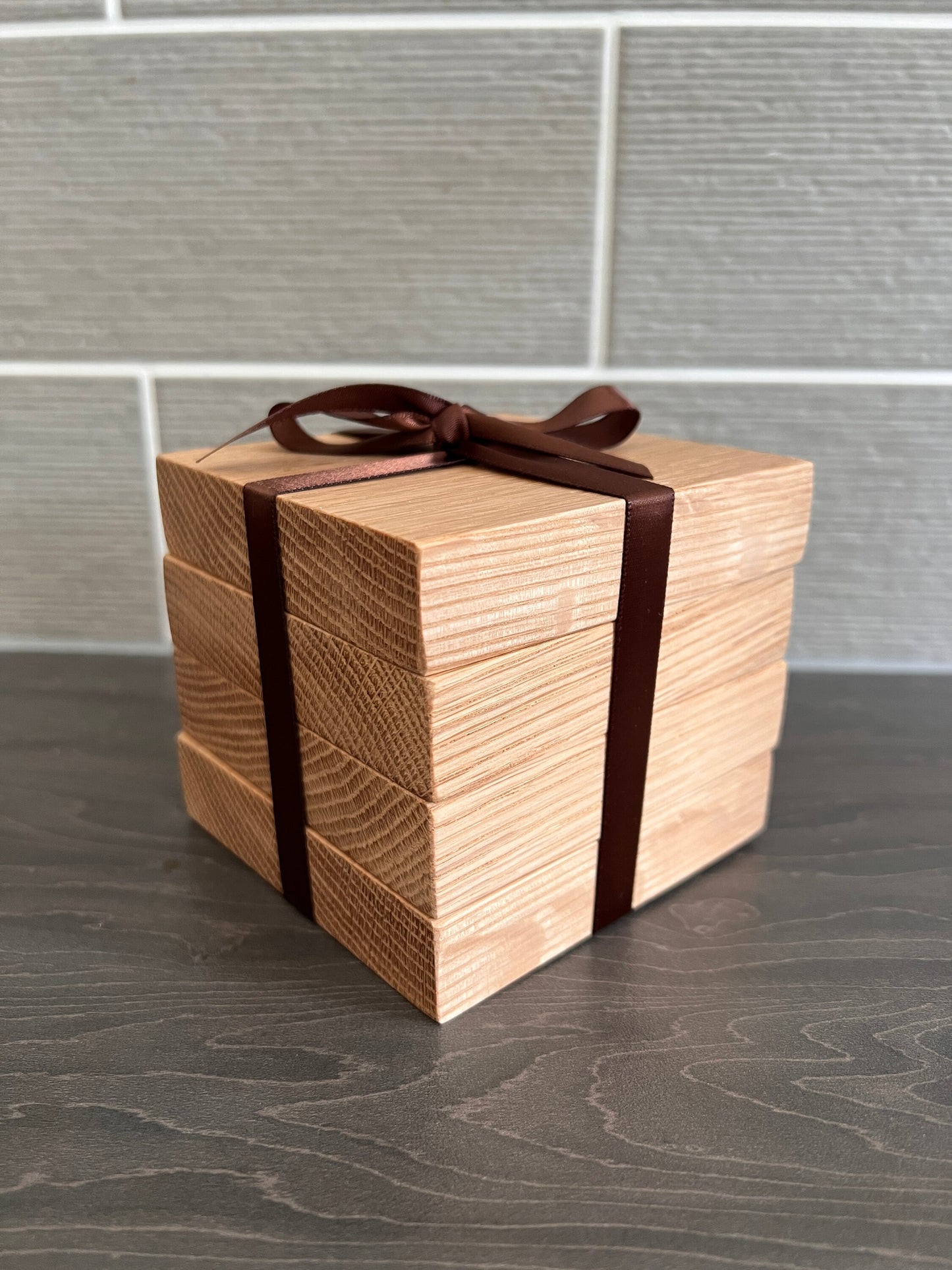Set of 4 Solid Oak Extra 'Chunky' Square Handmade Coasters with ribbon tie, ideal new home gift