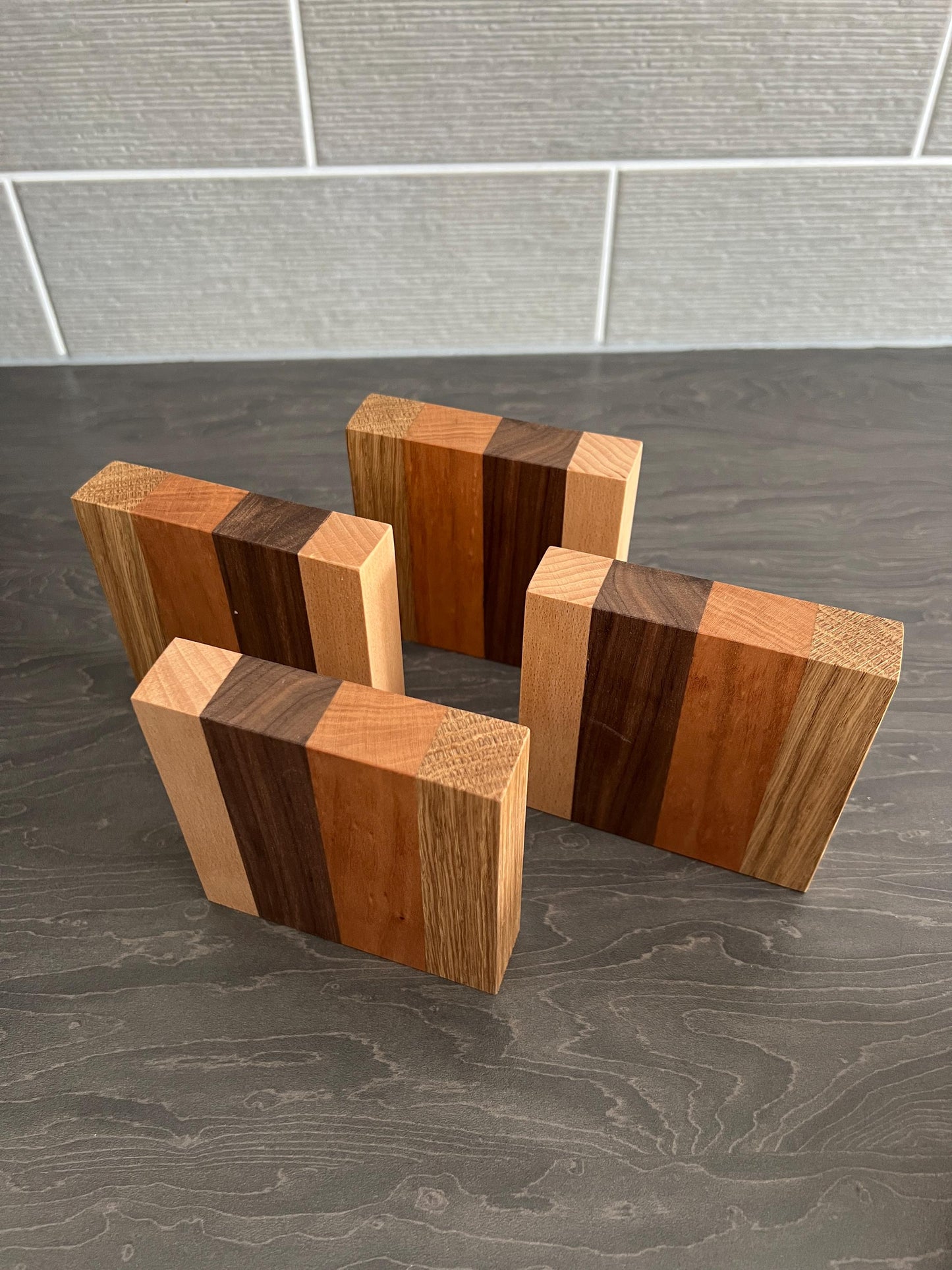 Set of 4 Solid Square Mixed Hard Wood 'Chunky' Handmade Coasters, ideal gift for new home/wedding/anniversary