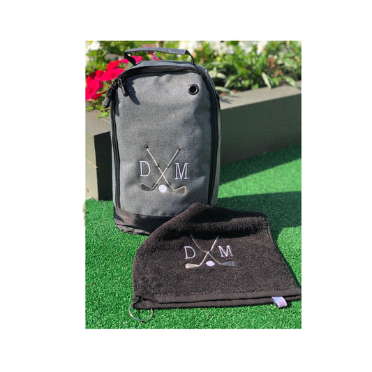Personalised Embroidered Golf Shoe Bag and Towel all colours mix and match, ideal gift  with Golf logo and your initials free P&P