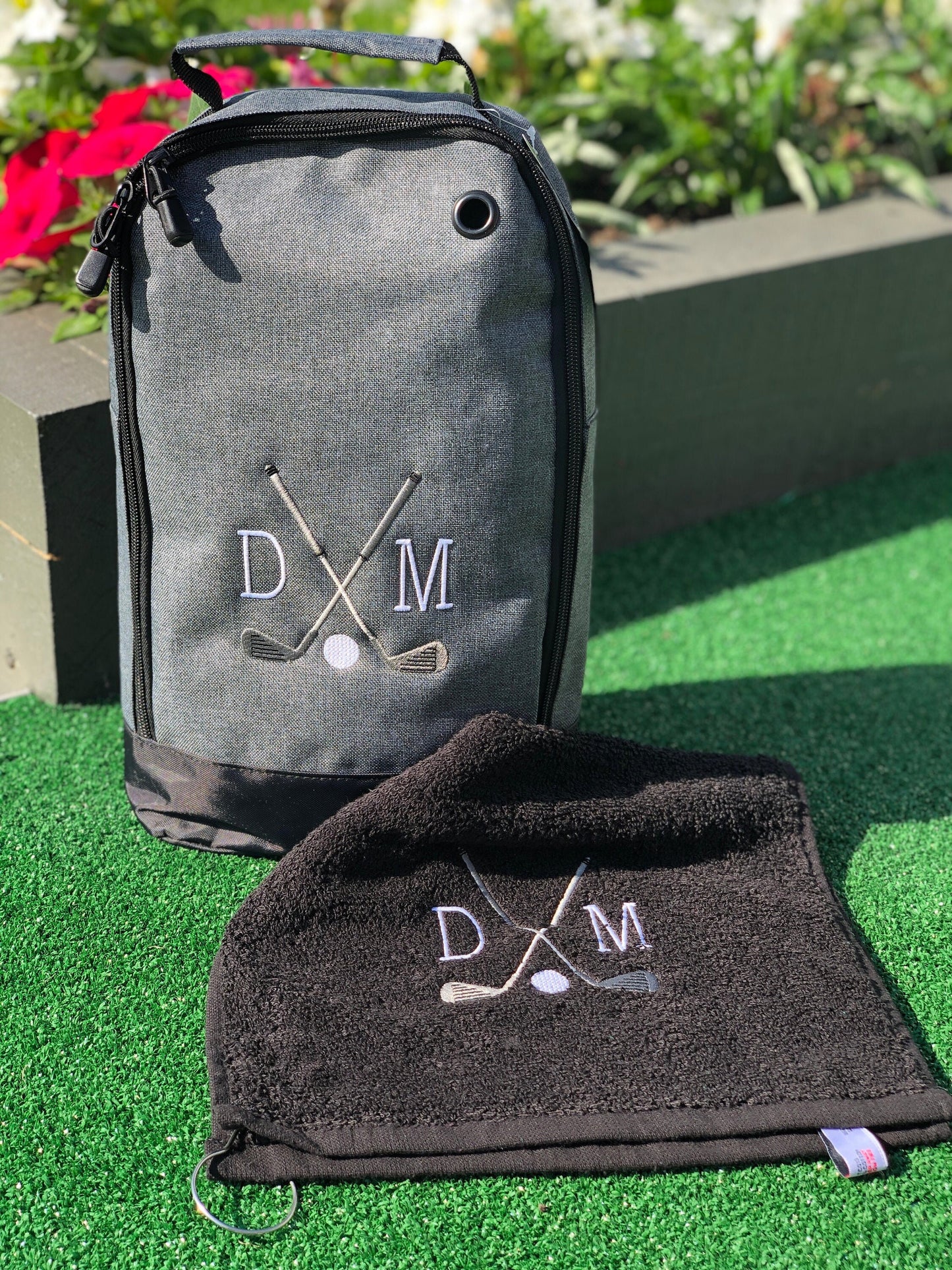 Personalised Embroidered Golf Shoe Bag and Towel all colours mix and match, ideal gift  with Golf logo and your initials free P&P