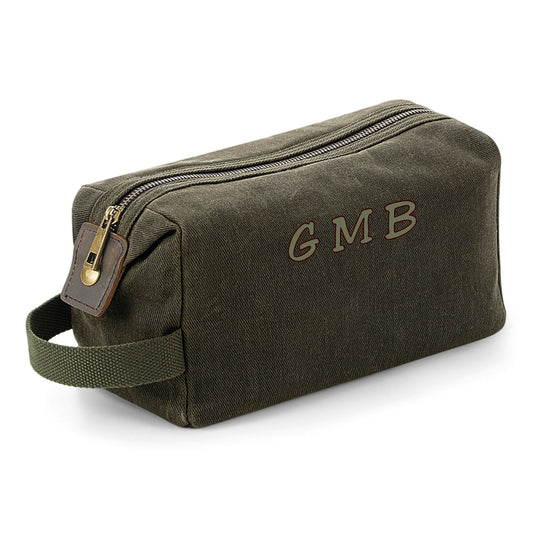 Personalised Wash Bag Waxed Canvas Toiletry Bag with Embroidered Initials or Name Free P&P
