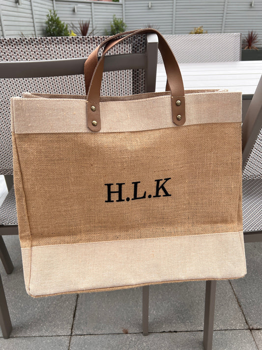 Monogrammed/Personalised Embroidered Luxury Leather Handle Hessian Natural or Black Jute Eco Tote Bag