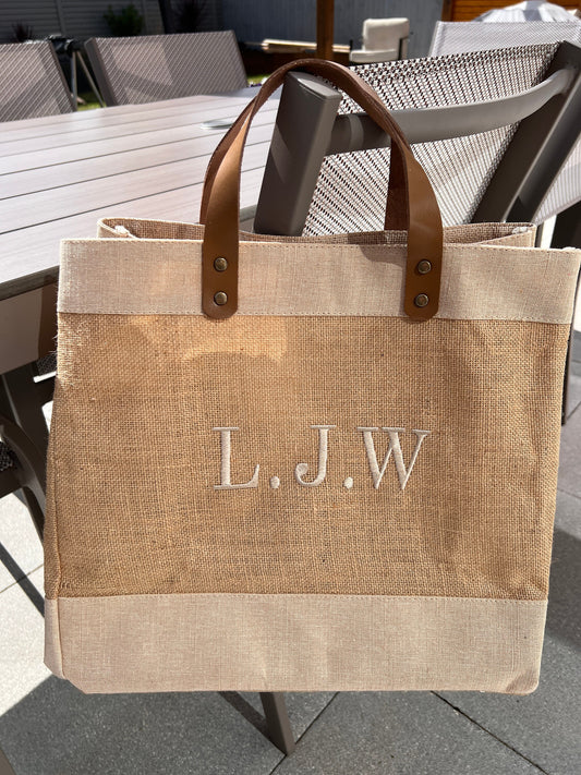 Embroidered Natural Jute Tote/Shopping Bag with Leather Handles