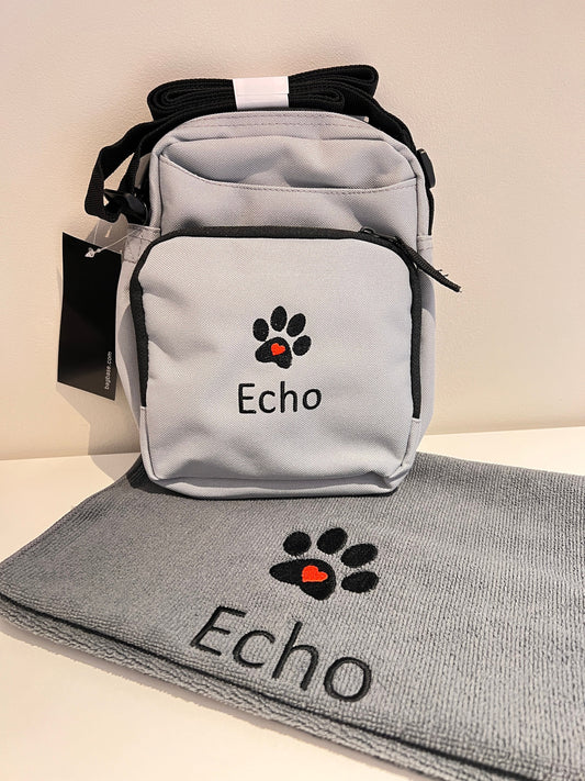 Personalised Dog Accessories Bag and Personalised Dog Towel For Walking and Travel. Black Navy or Grey Free P&P