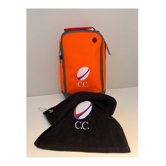 Personalised Embroidered Rugby Boot Bag and Towel all colours mix and match, ideal gift  with Rugby logo and your initials free P&P