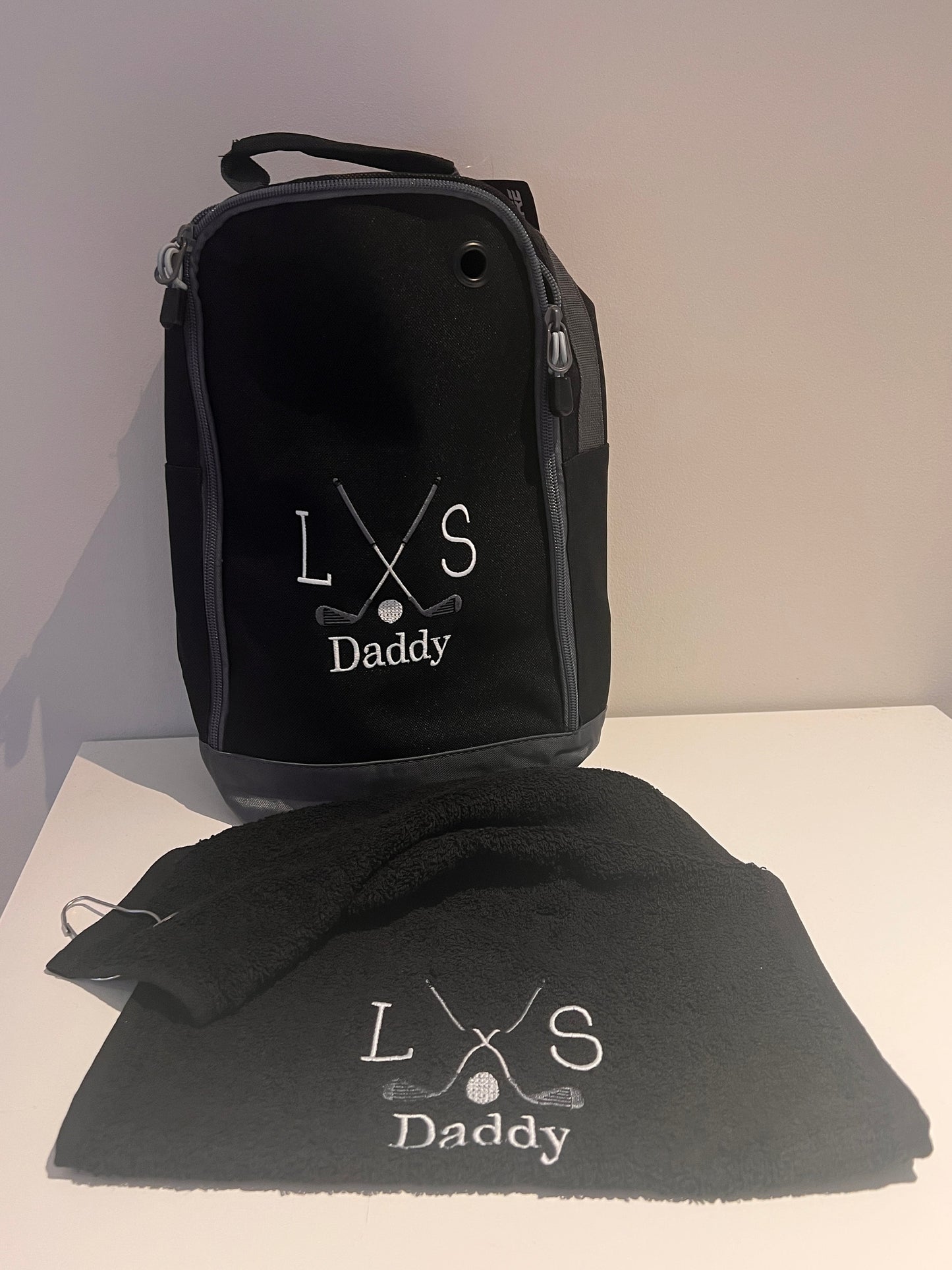 Personalised Embroidered Golf Shoe Bag and Towel all colours mix and match, ideal gift  with Golf logo and your initials free P&P