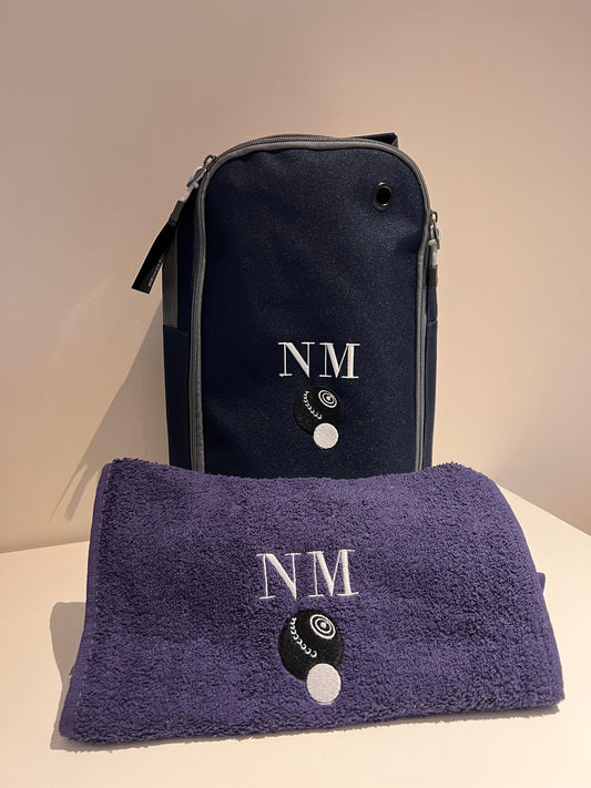 Personalised Embroidered Crown Green Bowling Shoe Bag and Towel Set with logo and your initials