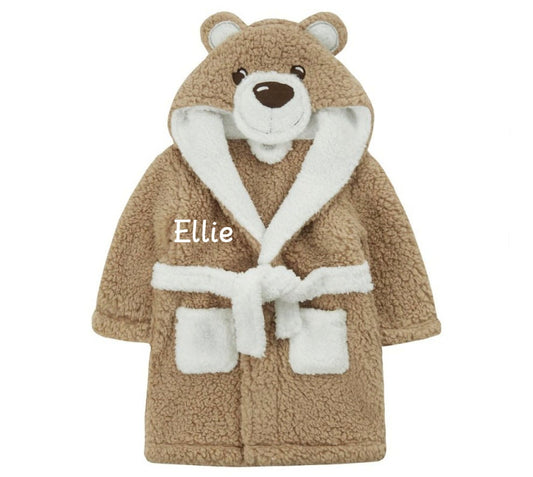 Personalised Embroidered Baby Dressing Gown Robe Brown Teddy Bear Animal Present Birthday Toddler Christmas. Free Delivery