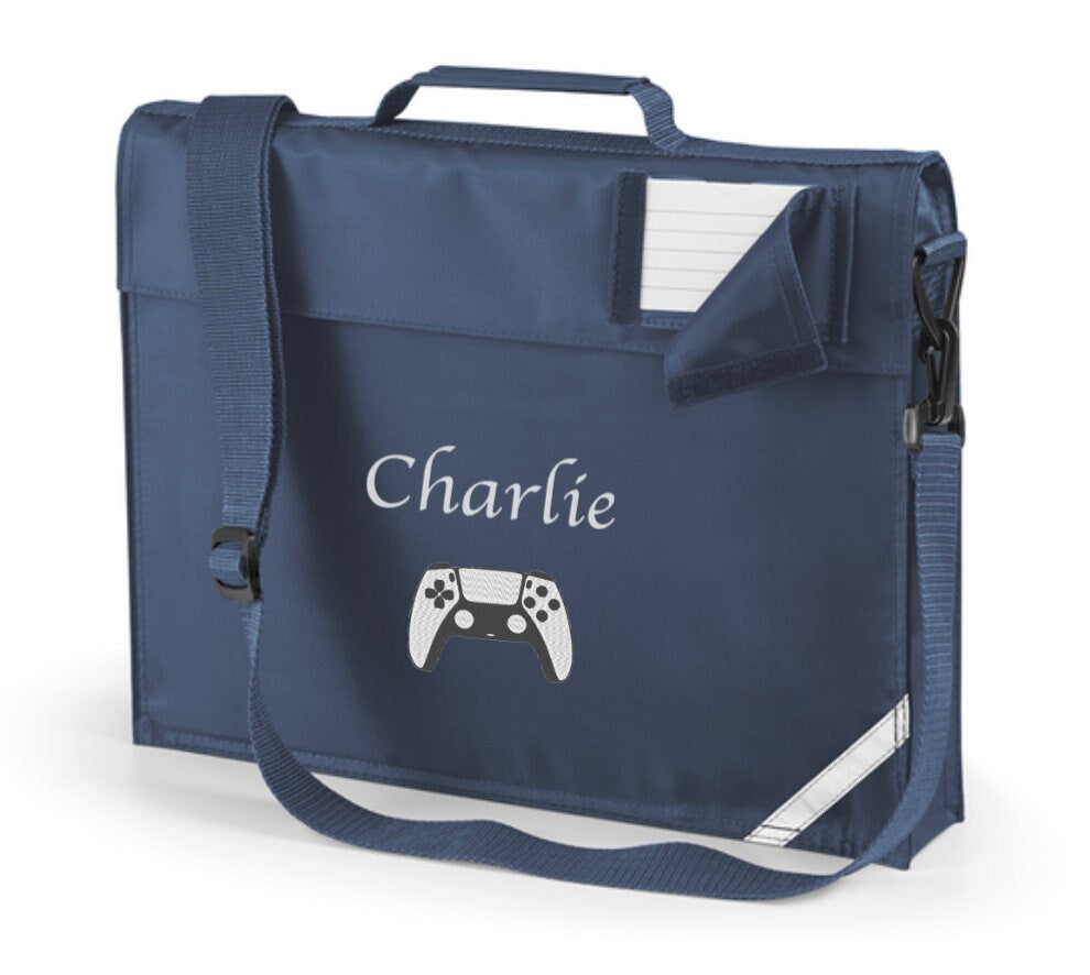 Personalised Embroidered School Book Bag with Shoulder Strap with Embroidered Name and Game Controller Motif