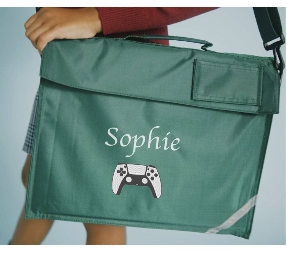Personalised Embroidered School Book Bag with Shoulder Strap with Embroidered Name and Game Controller Motif