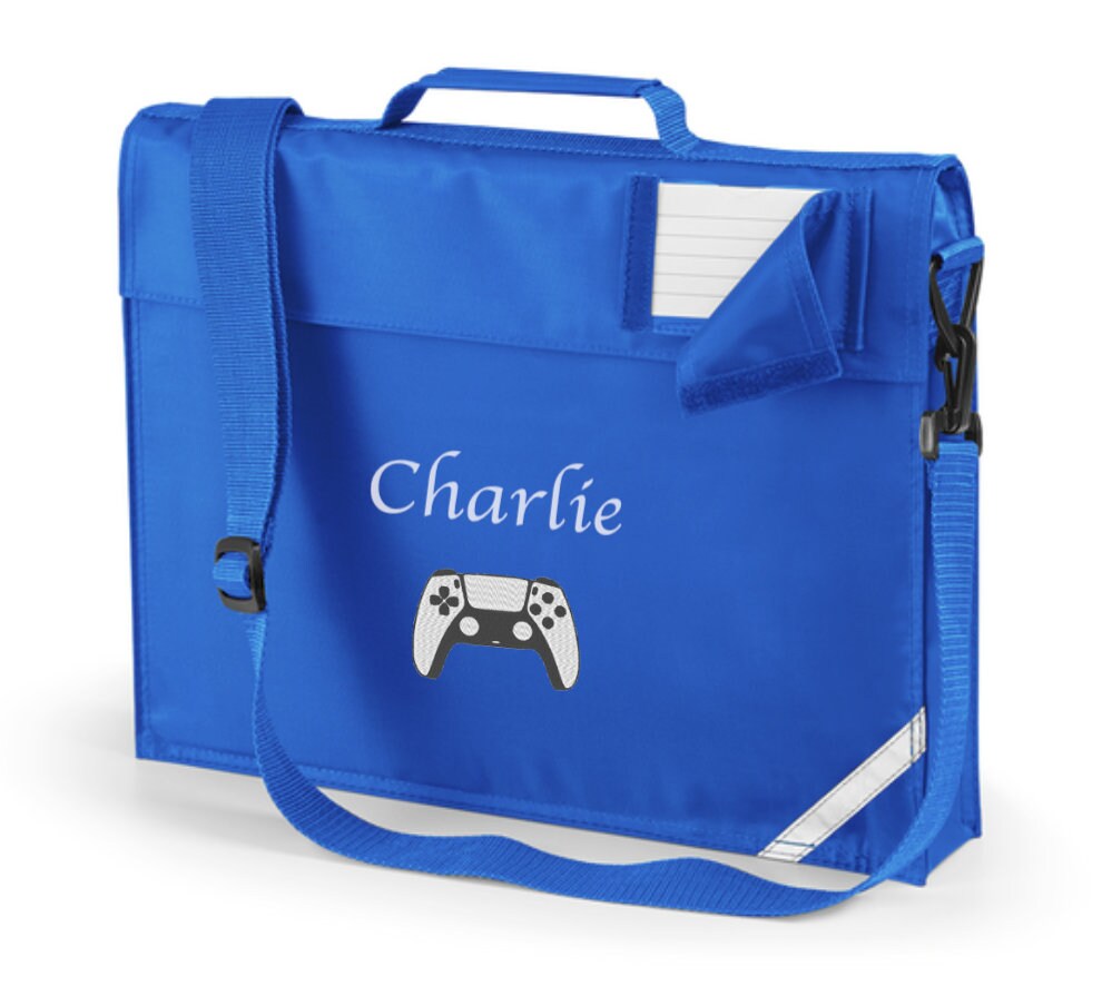 Personalised Embroidered School Book Bag with Shoulder Strap with Embroidered Name and Game Controller Motif
