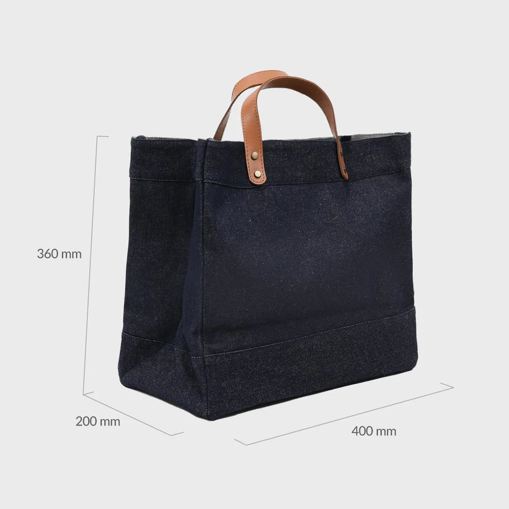 Embroidered Denim Leather Handle Tote Bag, Luxury Shopping Bag